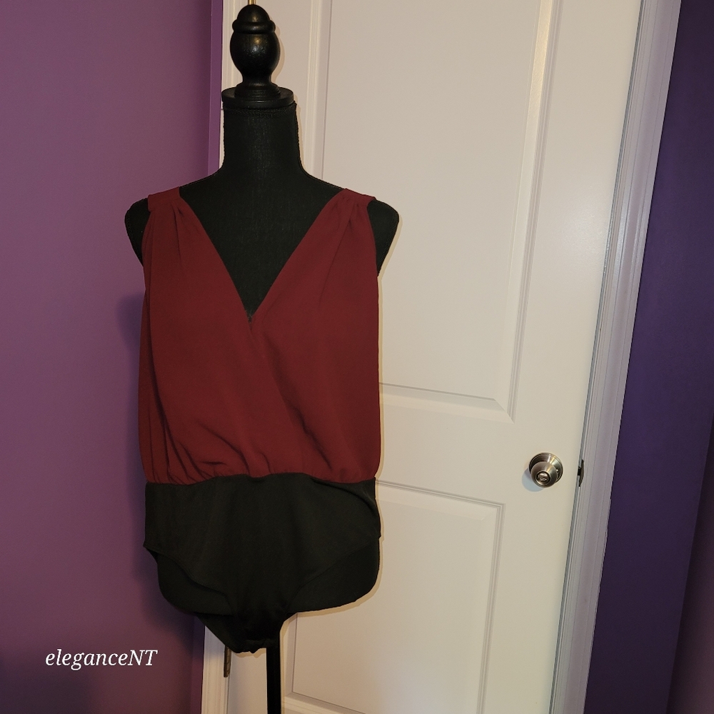 Charlotte Russe Burgundy and Black Wrap Tank Bodysuit Sz: XL NWT